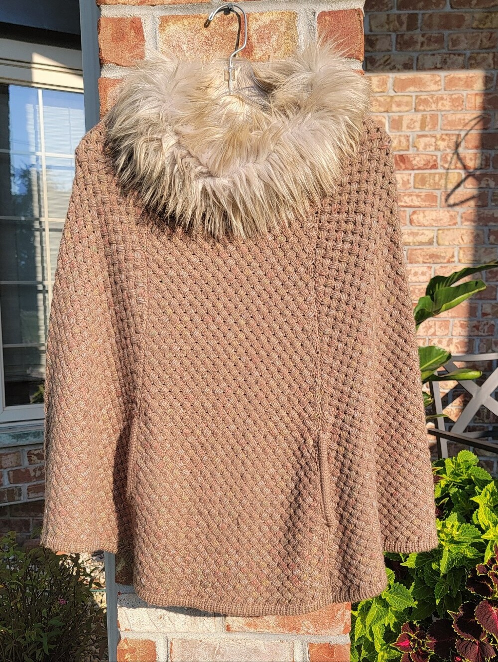 Steve Madden Taupe Knit Sweater Poncho with Faux-Fur Collar Trim